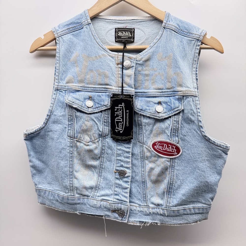 Von Dutch Originals Denim Vest Medium Y2K Cropped Fit Light Wash Flame Graphic